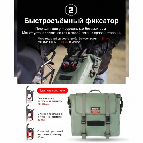 RhinoWalk MTR2030GN Быстросъемный мягкий кофр / мотосумка 15L зеленая герметичная | КУКУХА ШОП фото 6